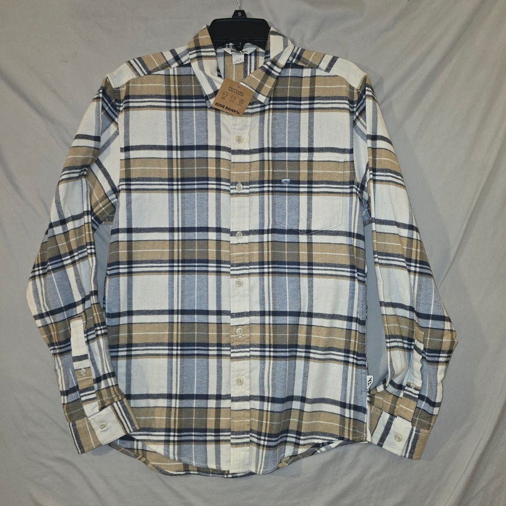 Eddie Bauer Field Flannel Flex 2.0 Shirt Small Mens Tan Blue Plaid Long Sleeve